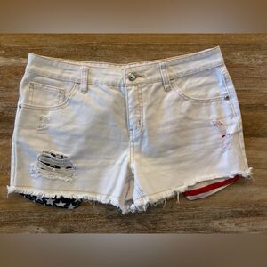 Justice Girls 16 1/2 White Distressed Jean Shorts USA Flag Pockets Stars Stripes